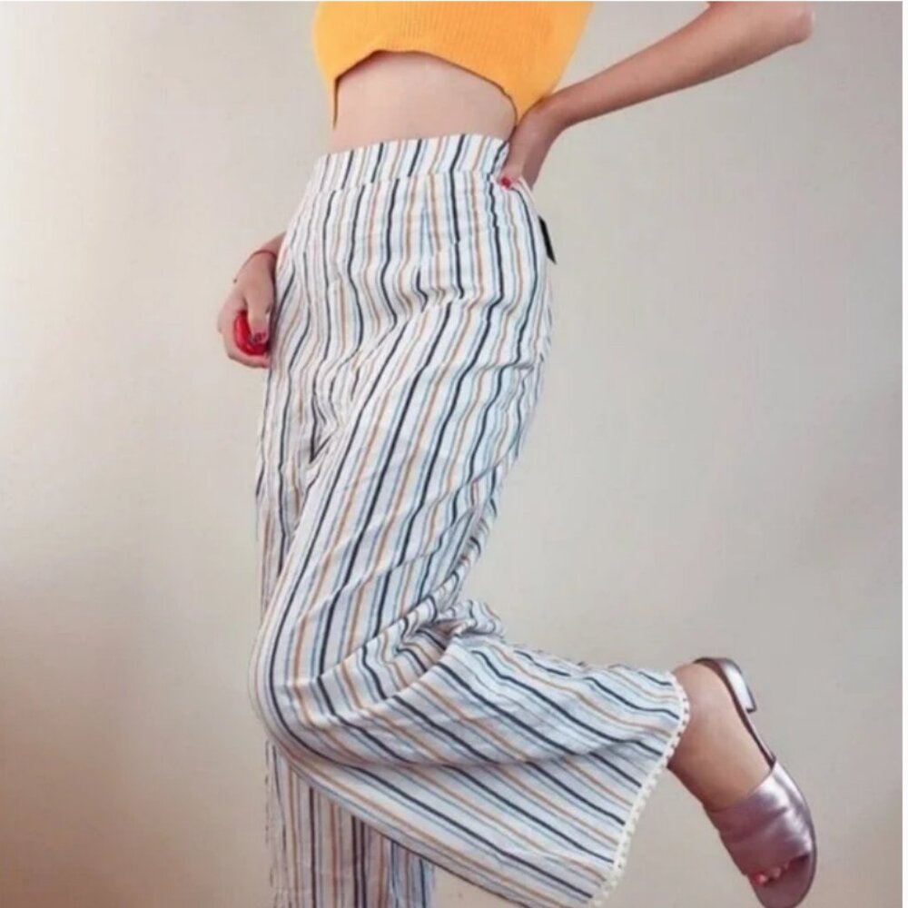 Paper Crane Colorful Wide Leg Flat Front Cotton Striped Pants S